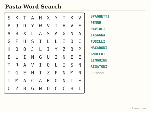 Pasta Word Search preview