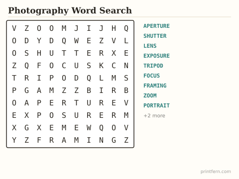 Photography Word Search preview
