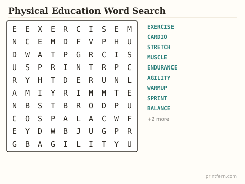Physical Education Word Search preview