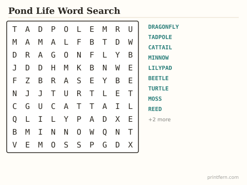 Pond Life Word Search preview