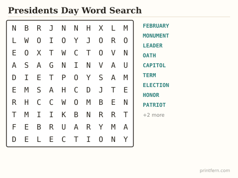 Presidents Day Word Search preview