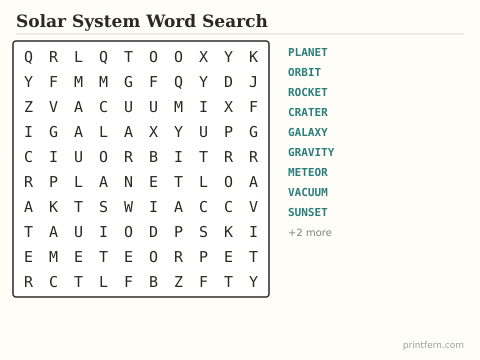 Solar System Word Search preview