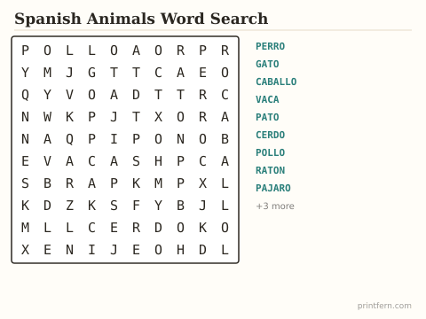Spanish Animals Word Search preview