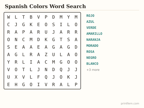 Spanish Colors Word Search preview