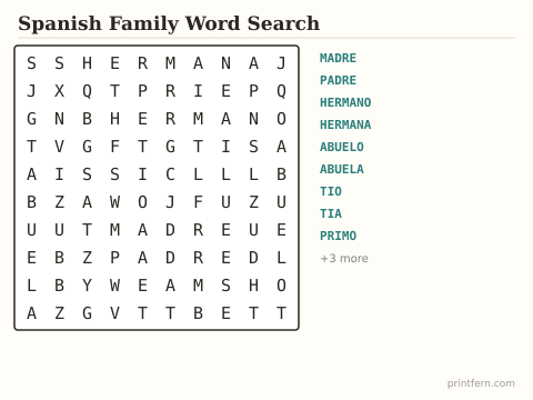 Spanish Family Word Search preview
