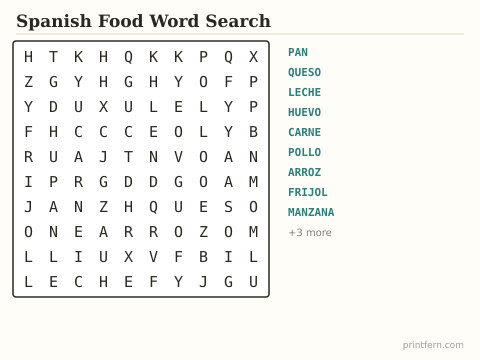 Spanish Food Word Search preview