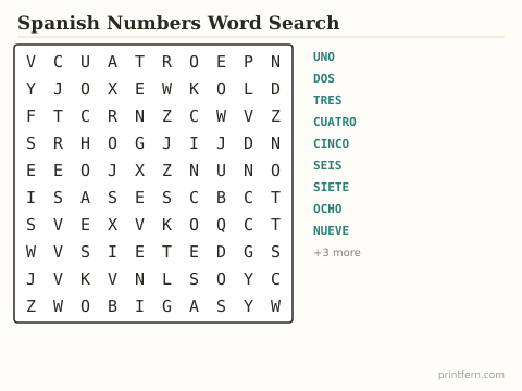Spanish Numbers Word Search preview