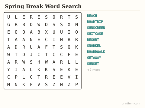 Spring Break Word Search preview