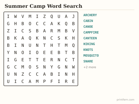 Summer Camp Word Search preview