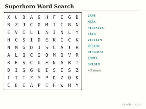 Superhero Word Search preview
