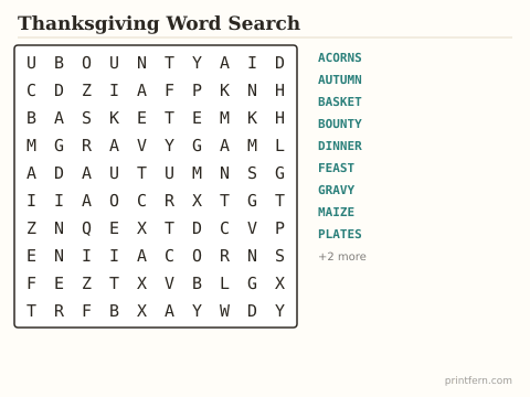 Thanksgiving Word Search preview