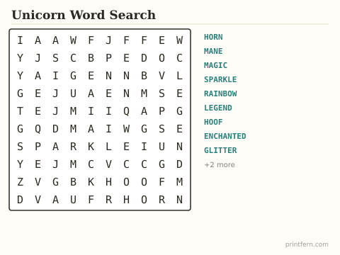 Unicorn Word Search preview