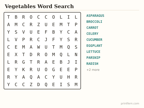 Vegetables Word Search preview