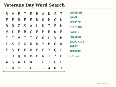 Veterans Day Word Search preview