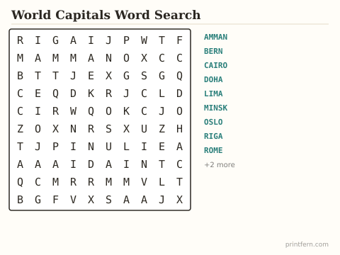 World Capitals Word Search preview