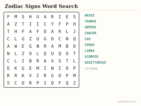 Zodiac Signs Word Search preview