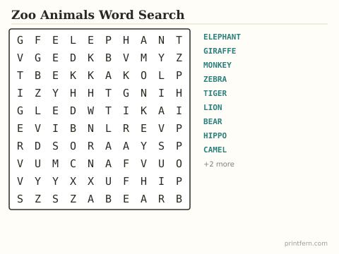 Zoo Animals Word Search preview